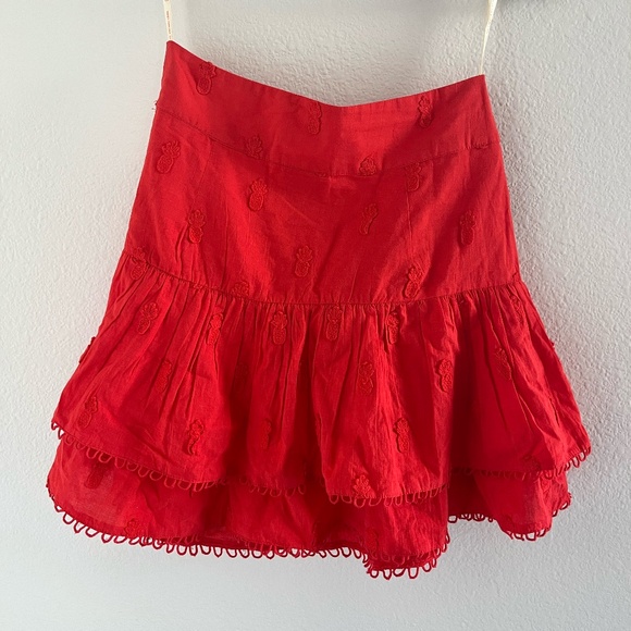 FARM RIO | Tiered Embroidered Cotton-Mousseline Mini Skirt in Red | Size Small - Picture 4 of 12